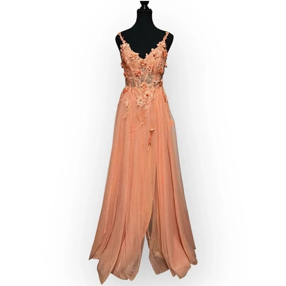 NWOT City Triangles Womens Peach Sparkly Floral Maxi Dress Size 7 Juniors